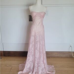 House of Cb Seren Blush Sheer Lace-Up Back Gown Size S